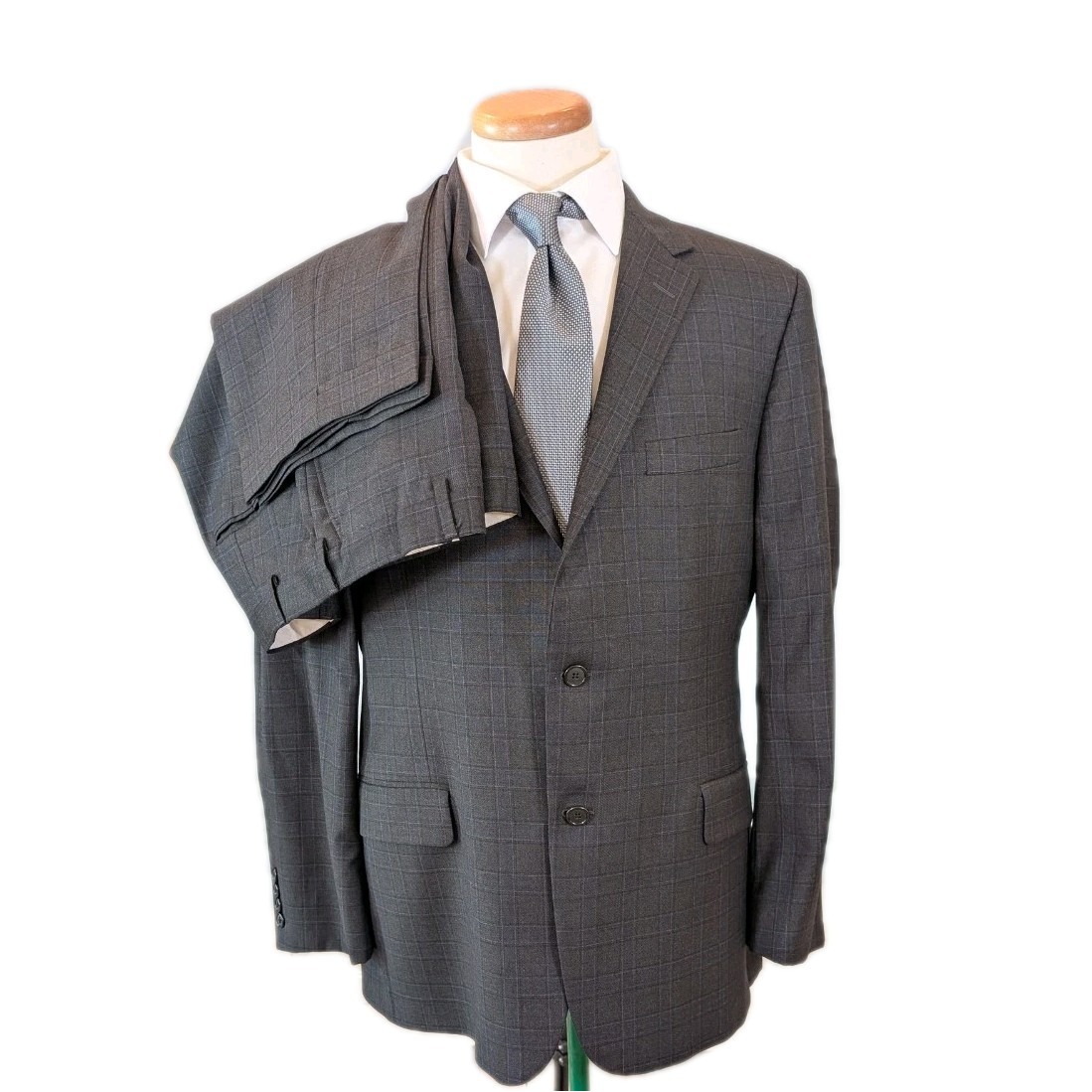 Hickey Freeman Suit Mens 44r Gray Blue Windowpane 2 Button 100% Wool 36x29 Usa